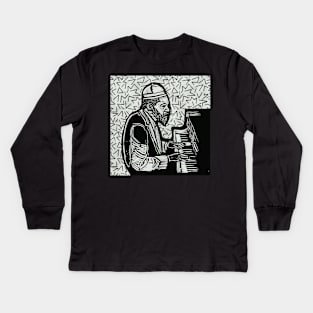 Thelonious Monk Legendary Jazz Piano Player Linotype Art Original Design T-Shirt - Gift for Vinyl Collector, Jazz Fan or Musician Kids Long Sleeve T-Shirt